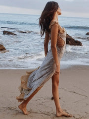 LIZAKOSHT  -  Printed Flounce Lace Up Long Halter Dress Woman Slim Sleeveless Patchwork Color Chic Robes Sexy Beach Vacation Women's Dresses