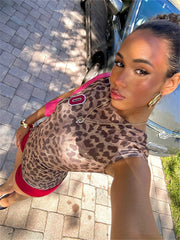 LIZAKOSHT - Summer Leopard Print Patchwork 2 Piece Tracksuit Vacation Casual For Women 2024 Short Sleeve Bodycon Crop Tops Shorts Set