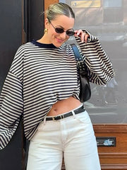 LIZAKOSHT - Casual Striped T-shirts for Women 2025 Autumn O-neck Long Sleeve Loose Tops Tees Female Contrast Color T Shirt Streetwear