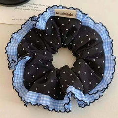 LIZAKOSHT - 1PC Artistic-Style Blue Plaid & Polka Dot Lace Hair Scrunchie, Black Polka Dot Hair Scrunchie/Hair Tie/Hair Elastic for Top Knot