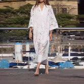 LIZAKOSHT - Solid Lace Hollow Out Women's Dress Elegant V-neck Patchwork Puff Sleeve Long Dressess Female Summer Fashion New Lady Robes