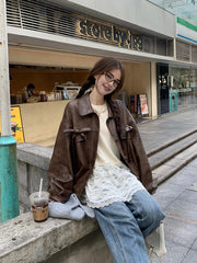 LIZAKOSHT - Women's Vintage Bow Tie Leather Jacket Drop Sleeve Casual Loose Cargo Motorcycle PU Leather Coat Turn Down Collar