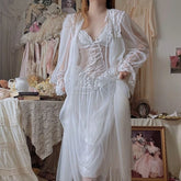 LIZAKOSHT - French Elegant Women Nightgown 2 Piece Set Princess Suspender Midi Dress with Soft Cardigan Comfortable Solid Home Loungewear