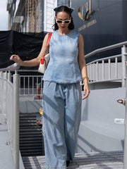 LIZAKOSHT - Casual Denim Lace Up Women Halter Vests O-neck Sleeveless Backless Slim Female Tanks 2024 Spring Summer New Fashion Lady Tops