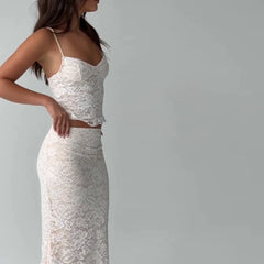 LIZAKOSHT - Sexy Lace V-neck Spaghetti Strap Tops and Bodycon Trumpet Long Skirt Y2K Summer Fashion Daily Outdoor Women 2 Piece Set