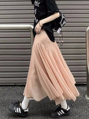 LIZAKOSHT - Mid Long Skirts Womens Mesh Skirt Mori Girl Style Lolita Spring Summer High Waisted A-Line Ruffle Skirts rok