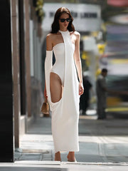 LIZAKOSHT - New Solid Halter Dresses for Women Sexy Bodycon Jumpsuit Hollow Out Long Robes Fashion Female Evening Party Outfits Street