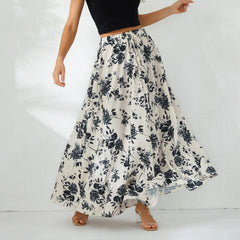 LIZAKOSHT - Women Summer Floral Print Swing Long Skirts Casual Elastic Waist Drawstring Flared A-Line Skirt