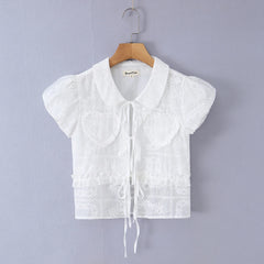 LIZAKOSHT - Sweet White Embroidery Hollow out Flower Lace Short Puff Sleeve Shirt Women Peter Pan Collar Lacing Up Tie Bow Front Crop Tops