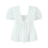 LIZAKOSHT - White Embroidery Hollow Out Hole Splice Lace V neck Short Puff Sleeve Shirt Women Center Button Elastic Back Slim Crop Tops