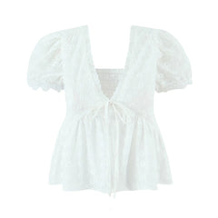 LIZAKOSHT - White Embroidery Hollow Out Hole Splice Lace V neck Short Puff Sleeve Shirt Women Center Button Elastic Back Slim Crop Tops