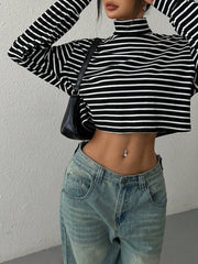 LIZAKOSHT - Spring and Autumn New Knitted Women's Casual Black and White Striped Fashion Design High Neck Long Sleeve T-Shirt