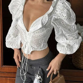 LIZAKOSHT - Sexy Cotton Embroidered Hollow White Shirt Women's Bubble Sleeves V-neck Lace-up Irregular Waist Top