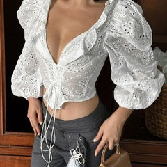 LIZAKOSHT - Sexy Cotton Embroidered Hollow White Shirt Women's Bubble Sleeves V-neck Lace-up Irregular Waist Top