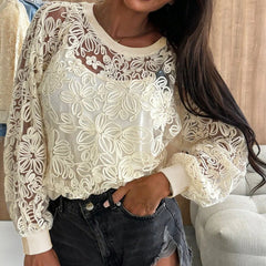 LIZAKOSHT - Fashion High Street Commuter Tops New Autumn O Neck Embroidered Loose Pullover Sexy Perspective Long Sleeve Suspenders 2pc Shirt