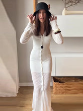 LIZAKOSHT  -  Deep V Cardigan Dresses Women Hollow Sexy Single-breasted Long Cardigan Summer White Slim-fit Long Sleeve Vacation Ladies Robe