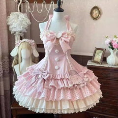  LIZAKOSHT - Coquette Sweet Lolita Mini Dress Women Halter Strap Lace Trim Ruffle Bow Slim Fit Bodycon Party Dress Elegant Casual Outfit