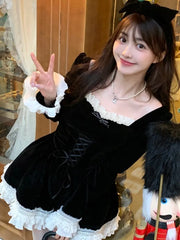 LIZAKOSHT - French Princess Velvet Dresses for Women Long Sleeves Patchwork Lace-up Ruffles A-line Birthday Party Dress Autumn New Vestidos