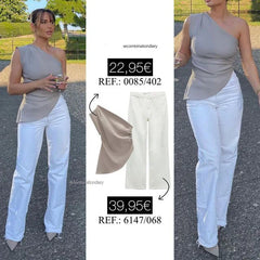 LIZAKOSHT - Fashion Summer Women's Sexy Sleeveless Asymmetric Pleated Vest Causal Elegant Tops Single Shoulder Vintage Slim Tops