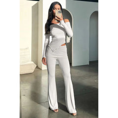 LIZAKOSHT - Sexy Off the Shoulder Knitted Rib Two Piece Set Women Autumn Casual Slash Neck Irregular Top + Pants Club Outfits Streetwear Set