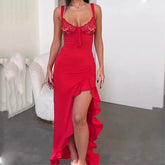 LIZAKOSHT - Casual Solid Color Suspender Long Dress Sexy Lace Patchwork Slim Club Dress Women Fashion Lace Up Ruffle Irregular Dress Vestido