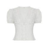 LIZAKOSHT - Cute Button Up Blouses Y2K Deep V-neck Slim Women's Tee Shirts Korean Style Sweet Short Sleeves Crop Clothes