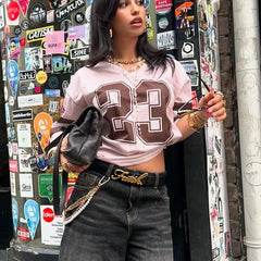 LIZAKOSHT - Women Y2k Graphic Oversized Jersey Tee Sporty Aesthetic Number Letter Print Jersey Shirt Preppy Clothes Retro Streetwear