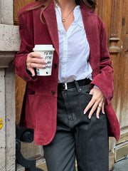 LIZAKOSHT  -  Wine Red Lapel Blazer Women Single Breasted Patchwork Long Sleeve Jackets New Elegant Chic Street Casual Commute Jacket 2025