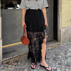 LIZAKOSHT - Summer New Irregular Black Sexy Design Lace High Waist Slimming and slimming Split Skirt