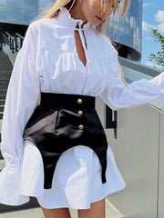 LIZAKOSHT - Fashion Lace Up Short Dress For Women Stand Flare Sleeve Hollow Out Draped Vestidos 2025 Summer Elegant Female Casual Dresses