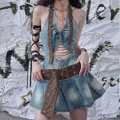 LIZAKOSHT - Dress Denim Hollow Strap Short Hot Girl American Niche Temperament Super Cool Niche Design Pleated Dress