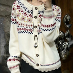 LIZAKOSHT - Elegant Fashion Women's Knitted Cardigan Sweater Casual Fit Autumn Winter New Style Y2k Fair Isle Pattern Grey Knit Top Jumper
