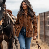 LIZAKOSHT - Womens Vintage Suede Lapel Collar Jacket Multi Pocket Military Style Coat Autumn Winter Warm Outerwear Aviator Workwear Fas