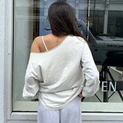LIZAKOSHT - Long-Sleeved Slant Collar Off-Shoulder Solid Color Basic Versatile Loose Sweatshirt Women'S Lazy Style Slimming Outer Top