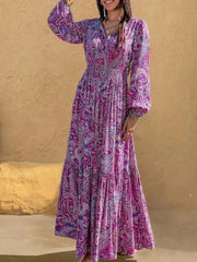 LIZAKOSHT - Comfortable and soft long sleeved dress with casual print V-neck drawstring waist cinched Bohemian vacation style women's dress
