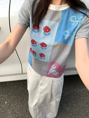 LIZAKOSHT - Korean chic Summer O Neck Short Sleeve Geometric Print Cartoon Slim Women's T-shirts
