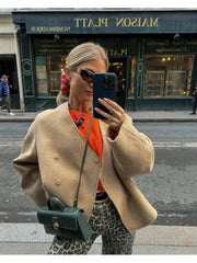 LIZAKOSHT - Women V-neck Khaki Thicken Wool Jacket Autumn Winter Chic Loose Blend Coat Female Streetwear Warm Outfit Coats for Women