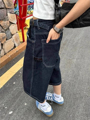 LIZAKOSHT - Denim Shorts Women High Waisted Harajuku Vintage Baggy Do Old Belt Straight Wide Leg Jeans Y2k Causal Half Pants Summer