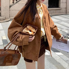 LIZAKOSHT - Vintage Brown Bomber Jackets Women Autumn Single Breasted Full Sleeve Female Coats Fashion Streetwear Office Baseball Outerwears