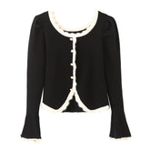 LIZAKOSHT - Woman Full Puff Sleeve Sweater Pearl Buttons Knitwear Jumper Autumn Beige Black Color Edged Line Knitted Cardigan