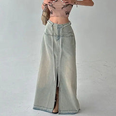 LIZAKOSHT - Denim Long Skirts Slit Lace Up High Waist Women Vintage Elegant Sexy Summer Streetwear Classic Y2k Girls Fashion European Style