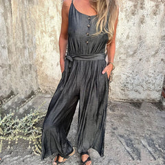 LIZAKOSHT - Spring Summer Sleeveless Boho Jumpsuits Women U Neck Button Pocket Sling Playsuit Summer Backless Wide Leg Pants Romper Overalls