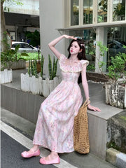 LIZAKOSHT  -  Beautiful Lace Square Neck Small Flying Sleeve Floral Dress with Temperament Waist-hugging and Slimming A-line Long Skirt