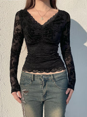 LIZAKOSHT - Sweetown Black Lace V-Neck Slim Fit Long Sleeve Women Blouses Sexy Hottie All-Match Chic Fashion Trendy Clothing