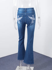 LIZAKOSHT  -  Y2k Retro Gothic High Waited Jeans Hot Embroidery Pattern Blue Jeans Woman Hip Micro Horn Baggy Jeans Street Clothing