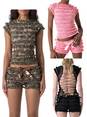 LIZAKOSHT - Fashion Pleated Women's Two Piece Suit O-neck Sleeveless Backless Top Loose Bow Short Pants 2025 Summer Female Causal Outfits