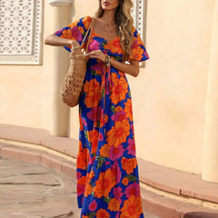 LIZAKOSHT - Women Elegant V-neck Draped Vacation Dress Summer Casual Short Sleeve Big Swing Party Dress Fashion Floral Printed Long Dresses