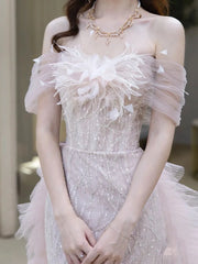 LIZAKOSHT - Luxury Off the Shoulder Prom Dresses Trailing Applique Beading Mermaid Tiered Floor Length Woman Pink Elegant Evening Gowns