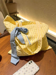 LIZAKOSHT - Korean 2024 Summer Yellow Plaid Handbag Tote Bags Large Capacity Women Commute Shoulder Bag