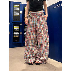 LIZAKOSHT - Women's Baggy Pants Oversize Sweatpants Plaid Long Pants Harajuku Japanese 2000s Style Y2k Vintage Trousers Clothes